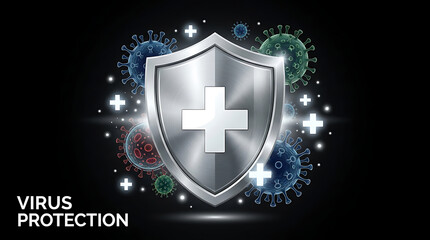 Fototapeta premium Metallic medical shield with cross icon defending against viral pathogens and infection risk