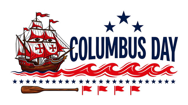 Vintage sailing ship with red sails and flags celebrating Columbus Day boat water