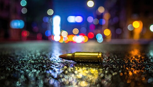 Golden bullet on wet night street.