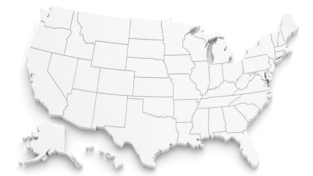 Detailed threedimensional white map of the United States with clearly outlined state borders and a clean minimal design