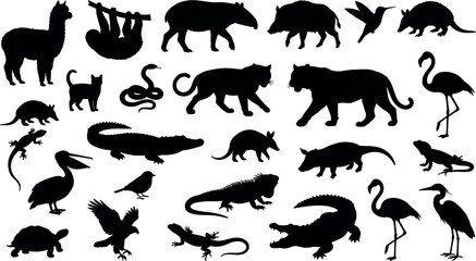 Black exotic wild animals silhouette vector set with jaguar crocodile flamingo sloth alpaca icons for tropical designs © fajle Rabbi!