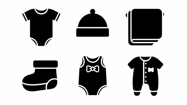 Baby Clothes Icons: Bodysuit, Hat, Towel, Sock, Romper, Sleepsuit - Black Silhouettes