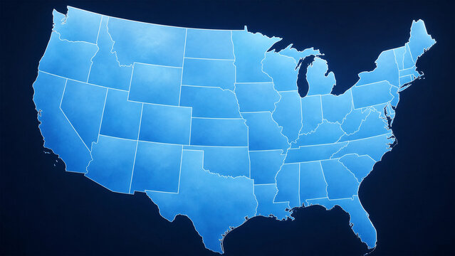 Digital United States map featuring glowing blue state outlines on a dark background showing connection and data