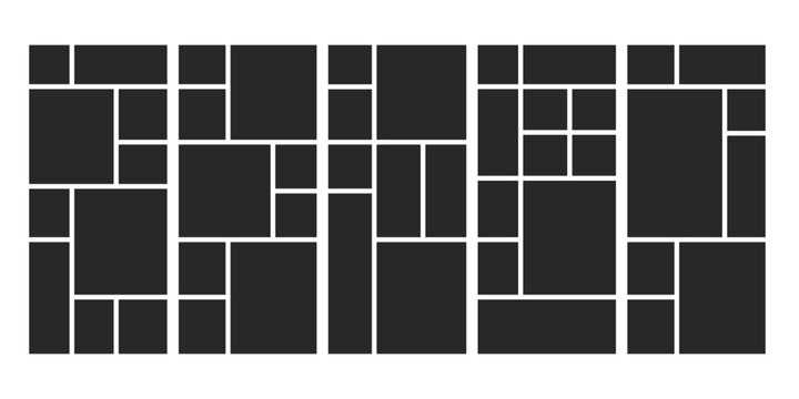 Square bento box layout template for photo galleries and presentations. Minimalist grid design with vertical geometric frames for modern collages and creative projects. Vector illustration.