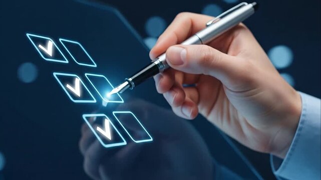 Close up of a hand using a fountain pen to select items on a glowing digital interface with checkboxes and checkmarks