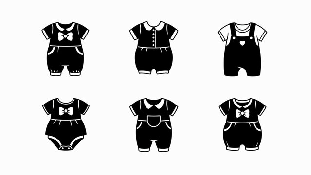 Baby Clothes Icons Set: Rompers, Overalls, Bodysuits - Black and White Vector Illustrations