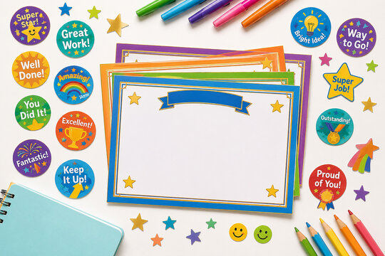 Collection of blank certificates, colorful stickers, and various stationery items on white surface.