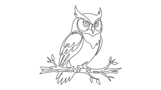 A detailed black and white line art illustration of a majestic owl perched on a tree branch.