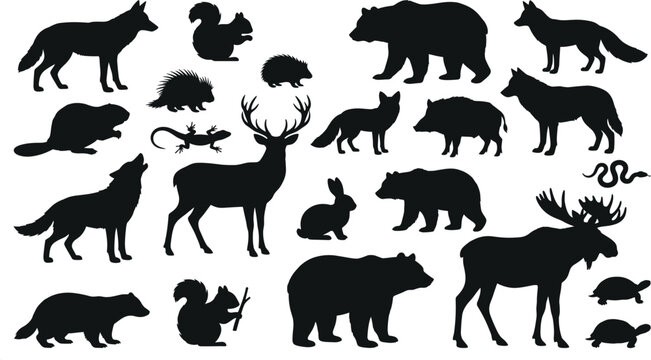 Black forest wild animals silhouette vector set with deer bear wolf moose fox badger icons for rustic designs