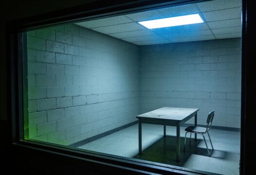 Dimly lit interrogation room with table and chair through a window