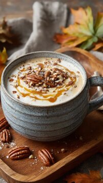 Warm autumn drink topped with whipped cream and pecans on cozy wooden tray. Latte with maple syrup and pecan garnish in a ceramic cup on a wooden tray. autumn leaves scattered around
