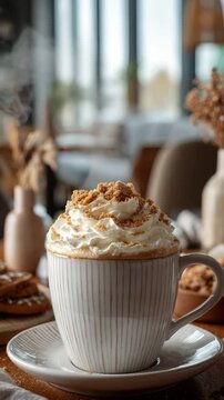 Whipped cream latte on wooden table in cozy autumn-themed cafe interior scene. Latte topped with whipped cream and gingerbread crumbs in a cozy cafe setting with fall decorations