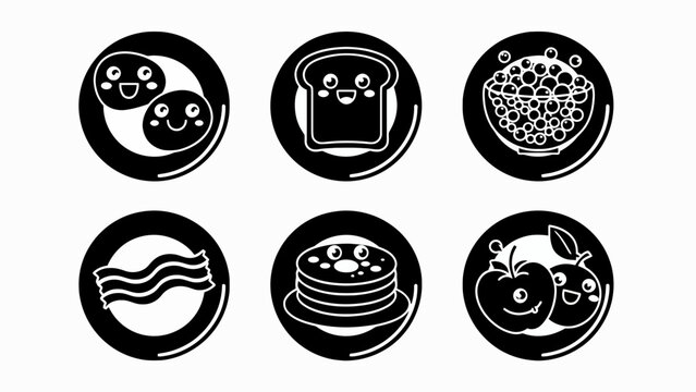 Cute Breakfast Food Icons: Toast, Bacon, Pancakes, Eggs, Fruit, Cereal - Vector Art