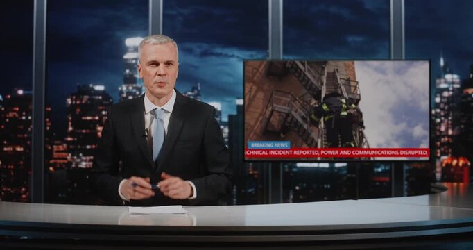 Man Reports on Active Disaster Response Following Rocket Attack on City. Search and Rescue Workers Remove Rubble, and Coordinate Emergency Operation While Field Coverage Streams in Studio Background.