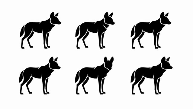 Six Black Silhouette Jackals Standing on White Background, Wildlife Vector