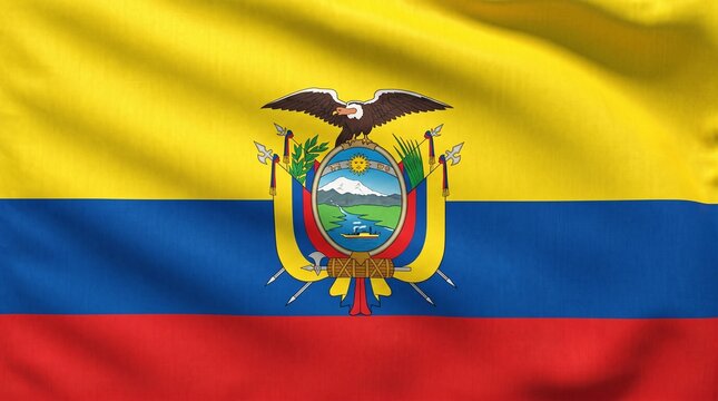 &ldquo;Majestic Ecuadorian flag with yellow, blue, and red stripes, glowing coat of arms at center, symbolizing heritage, independence, unity, and timeless national pride of Ecuador.&rdquo;