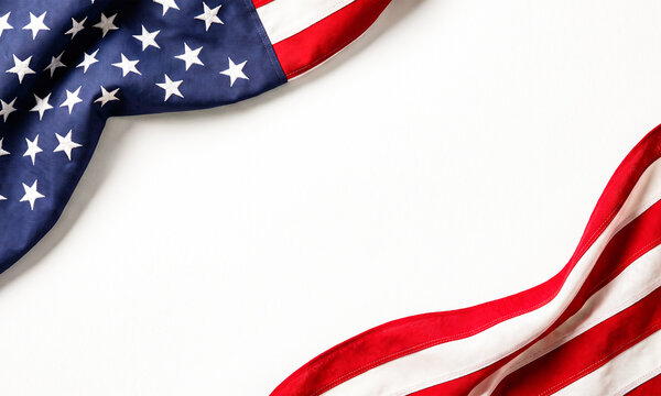 High angle view of american flag border with stars in corner on plain white background.