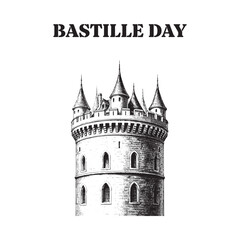 Medieval castle illustration with turrets black and white engraving style © kakolicrator