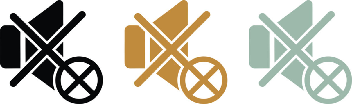 Mute sound volume off symbols with a cross mark in black gold and silver colors for digital interface design and web ui applications