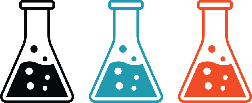 Colorful laboratory beakers with liquid and bubbles icon design for science and chemistry experiments