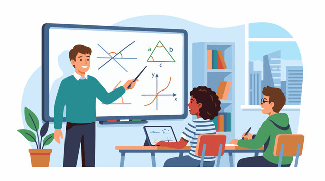 A teacher explains geometry and calculus to students in a bright classroom