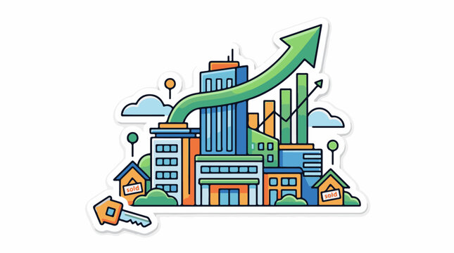Colorful illustration of a growing city with buildings houses and a large green arrow