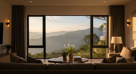 Fototapeta premium Cozy living room interior with large window overlooking serene mountain landscape at sunset