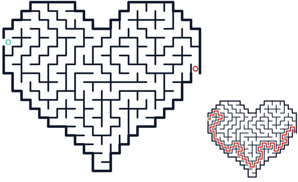 Heart shaped labyrinth maze puzzle  illustration in black and red representing logic game on white background with copy space