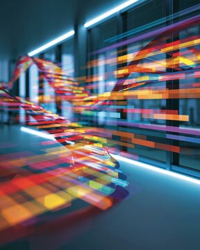 Colorful RNA strands and abstract codon blocks flow across a sleek laboratory workspace, suggesting algorithmic sequence design and optimization. Energetic, futuristic mood, cool blue rim lighting