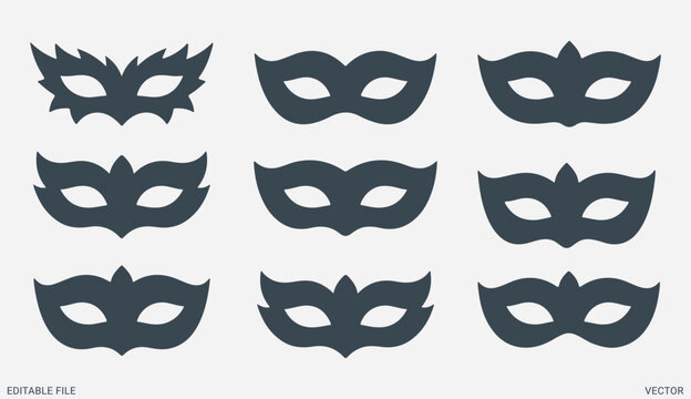 Black masquerade masks vector set isolated on white background for carnival party and mystery event