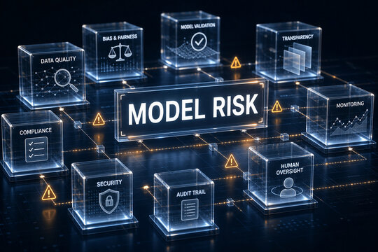 Futuristic glass interface showing model risk management, data quality, compliance, security, monitoring, transparency, and human oversight.