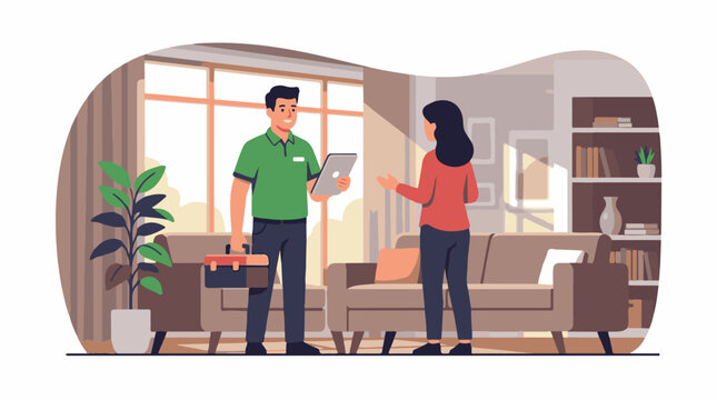 Man with tablet and toolbox talks to woman near sofa