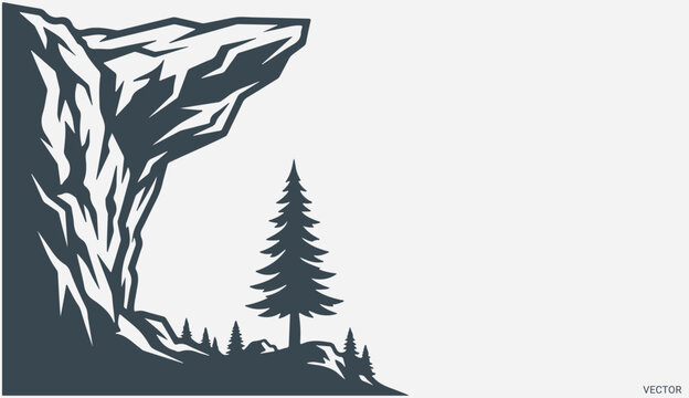 Rocky mountain cliff with a lone pine tree silhouette landscape illustration for outdoor adventure