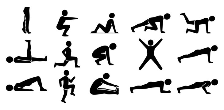 Exercise pose set of icons solid black flat vector set white background