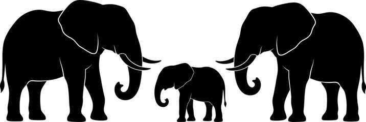 Elephant family silhouette collection featuring mother father and baby calf isolated on a transparent background vector illustration © fajle Rabbi!