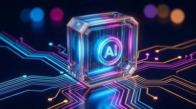 Artificial intelligence AI processor concept for machine learning platforms, cloud computing marketing, and futuristic semiconductor innovation branding