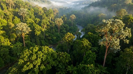 Obraz premium Aerial view of a misty tropical rainforest canopy harboring cinchona bark trees in a lush remote valley at sunrise with high humidity and dense foliage