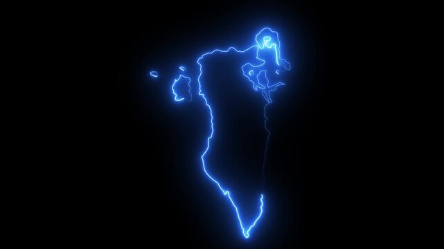 map of Bahrain with a cyan glowing neon effect on black background.