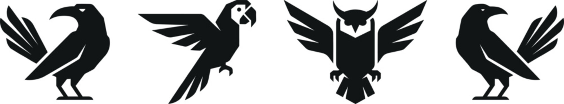 Minimalist black bird silhouettes icon set featuring raven parrot owl crow isolated on a transparent background, vector