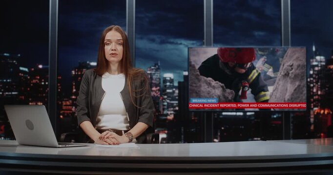 Female News Anchor Sits to Side of Digital Screen in TV Studio, Reporting Live on Breaking News Emergency. Screen Displays of Emergency Rescuers Moving Through Rubble and Concrete Debris After Blast.