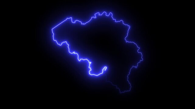 map of Belgium with a blue glowing neon effect on black background.