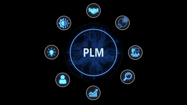 Plm product lifecycle management concept with digital and circuit board background, digital transformation