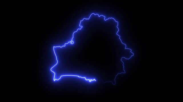map of Belarus with a blue glowing neon effect on black background.