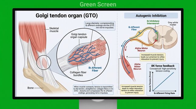 Detailed anatomical illustration of Golgi tendon organ structure in muscle-tendon junction with scientific labels