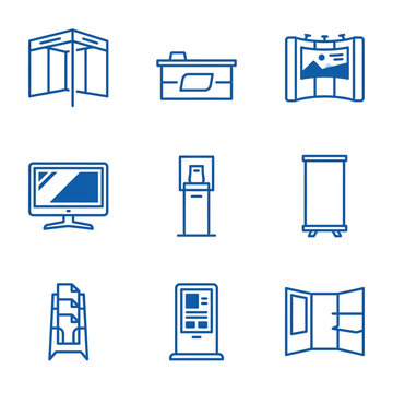 Exhibition Booth Icons: Stand, Display, Monitor, Kiosk, Brochure Holder, Brochure