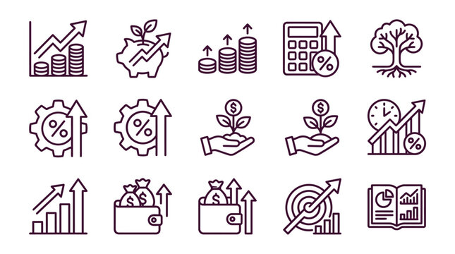 Financial Growth Icons: Money, Investment, Tree, Piggy Bank, Calculator, Graph, Wallet