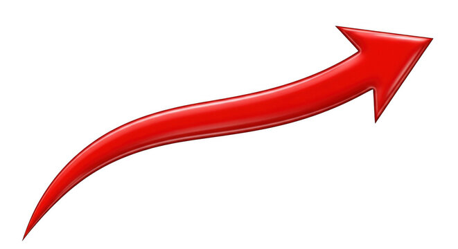 Red curved arrow pointing upwards during a growth trajectory on a clean backdrop isolated on transparent background