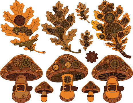 Steampunk Oak Leaves and Mushrooms with Gears and Clocks vector illustration