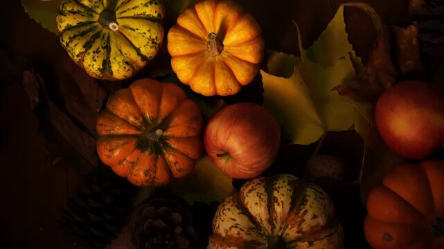 Dark moody harvest scene with pumpkins and apples on low light wooden surface strong shadows, warm highlights, cinematic camera pan feel, intimate festival atmosphere for editorial or social media