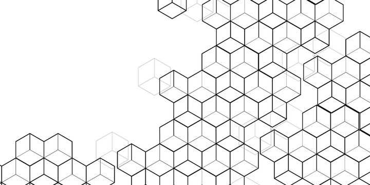 Digital black blockchain cube block with hexagon pattern in white background. Suitable for communication network, science and technology.